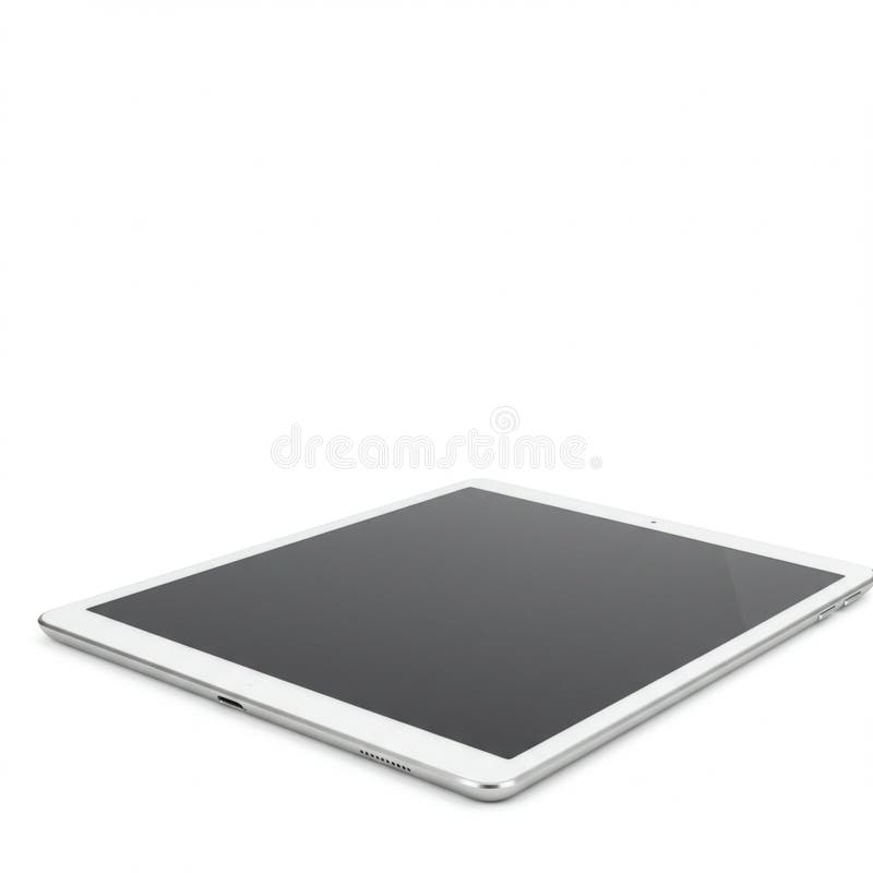 A sleek, modern tablet with a thin, silver frame and a black screen. The device is laid vector illustration