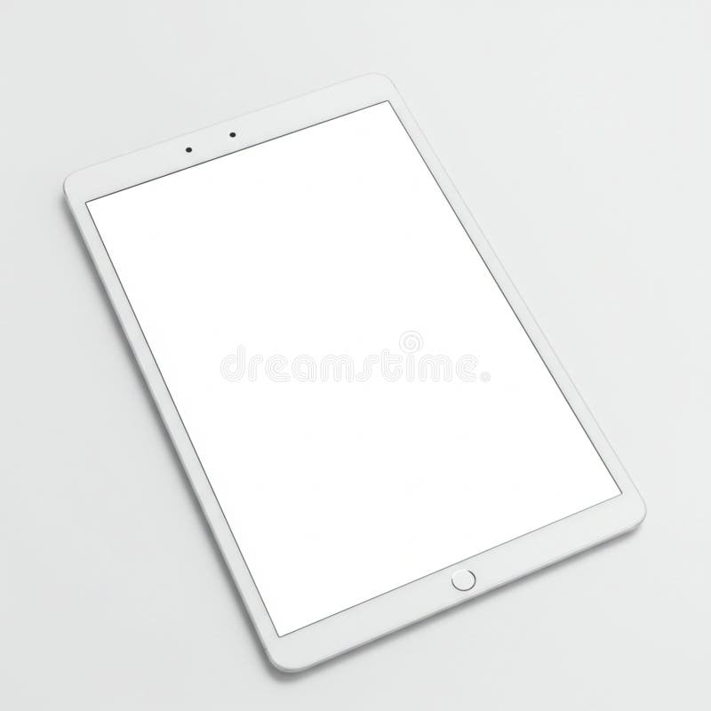 A sleek, modern tablet with a white frame and a blank screen is angled on a light gray surface vector illustration