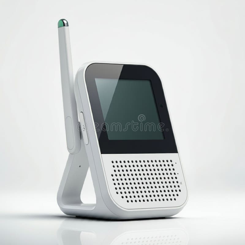A sleek, modern white electronic device with a rectangular touchscreen display and a royalty free illustration