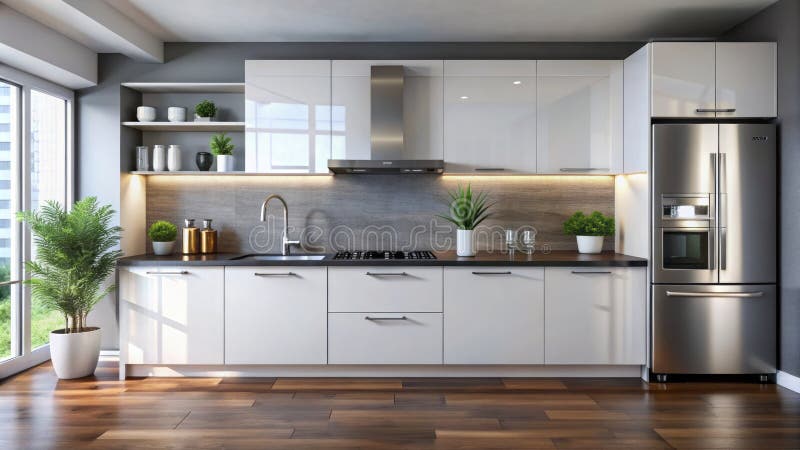 Sleek Modern White Kitchen with Builtin Dishwasher Black Granite and Minimalist Design royalty free illustration