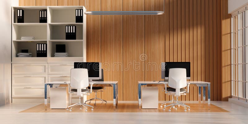 Sleek Office Design with Functional Workspace Elements, 3D render illustration royalty free illustration