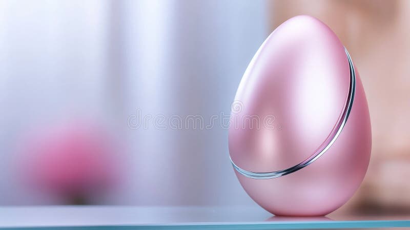 Sleek pink egg-shaped device on a reflective surface with a blurred background, AI stock photography
