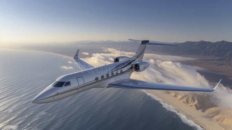 Sleek private jet flying over coastline with mountains in background vector illustration