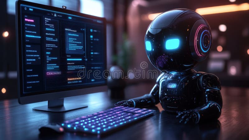 Futuristic robot working in a modern office environment with glowing interface and high-tech keyboard during evening royalty free stock photo