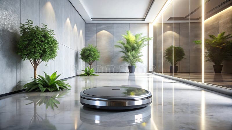 Sleek robotic Einrichtung in einem modernen minimalistischen Interieur mit üppiger Vegetation. Generative AI stock abbildung