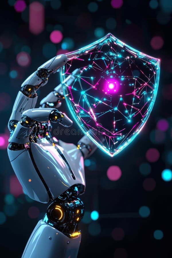 A sleek robotic hand holds a glowing digital shield, symbolizing cybersecurity and technological advancement. The image features vivid neon colors against a dark background, emphasizing the fusion of technology and security. Perfect for illustrating concepts related to artificial intelligence, digital protection, and innovation in technology. Shield artificial intelligence stock images, royalty-free photos and pictures