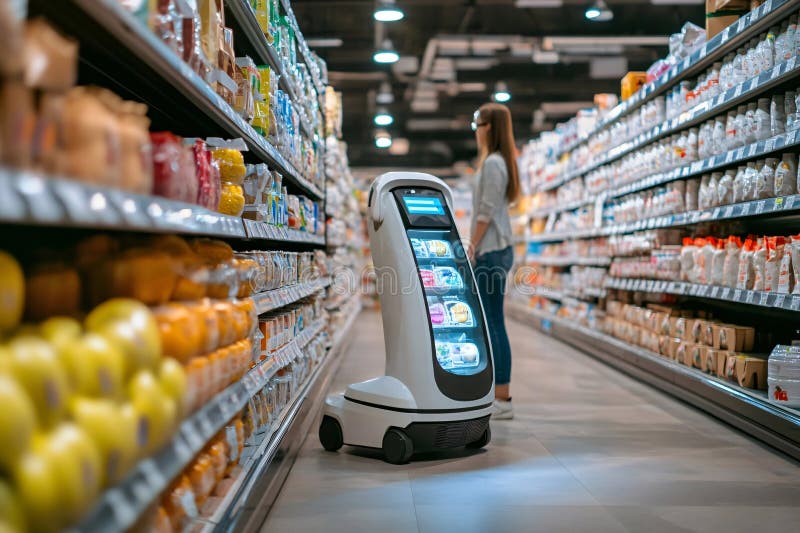 A sleek robotic shopping assistant navigates a grocery store aisle while a customer browses stock illustration