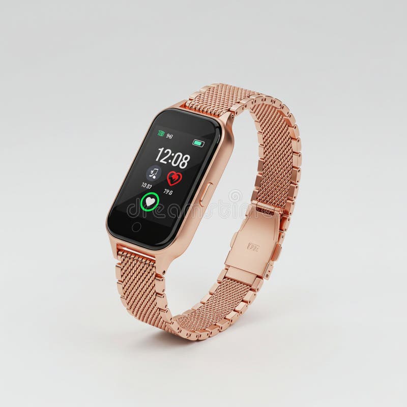 A sleek, rose gold smartwatch with a rectangular touchscreen display shows the time royalty free illustration
