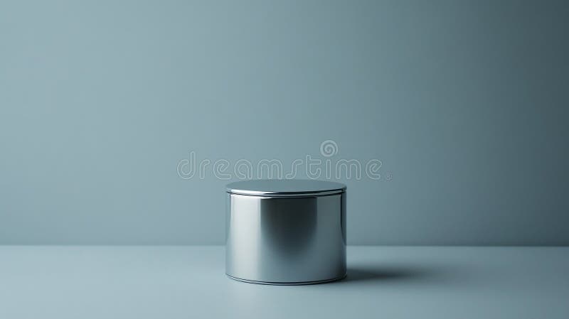 Minimalist silver canister on a simple gray surface with soft lighting. Generative AI royalty free illustration