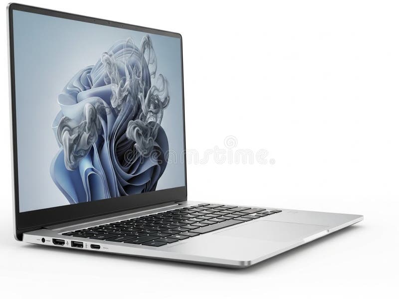 The image showcases a modern, sleek silver laptop with an abstract design displayed on its screen. The laptop is positioned at an angle, revealing its keyboard and various ports on the side. The abstract image on the screen features swirling blue and white patterns, adding a touch of artistic flair to the device. Laptop side angle illustrations