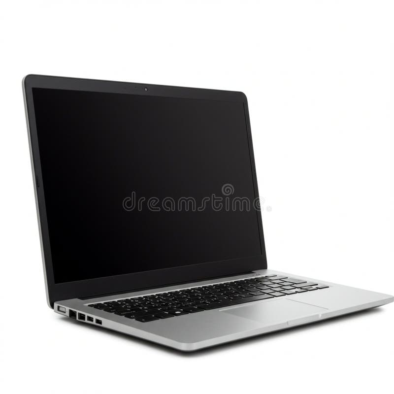 Sleek silver laptop with a black keyboard and large touchpad, viewed from an angle with the screen off. The device appears modern, featuring multiple USB ports on the left side. The design is minimalist, with a thin profile and a matte finish. Ideal for professional use, the laptop embodies a blend of aesthetics and functionality. The background is white, emphasizing the laptop's shape and details. Laptop side angle illustrations