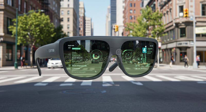 Sleek smart glasses with a black frame hover over a city intersection. The lenses stock illustration