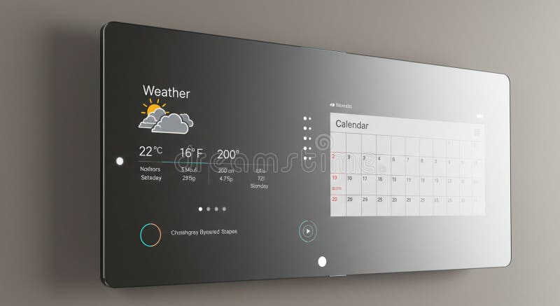 Sleek smart home control panel mounted on a wall, featuring a digital interface. stock illustration