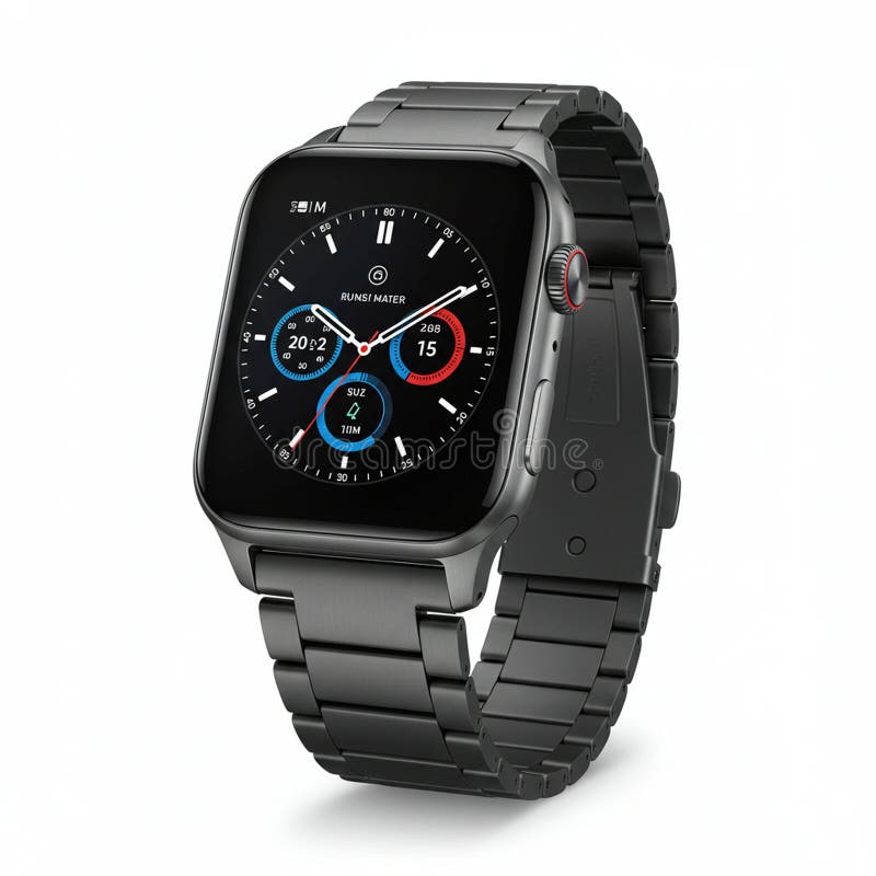 A sleek smart watch with a dark rectangular case and metallic link bracelet royalty free illustration