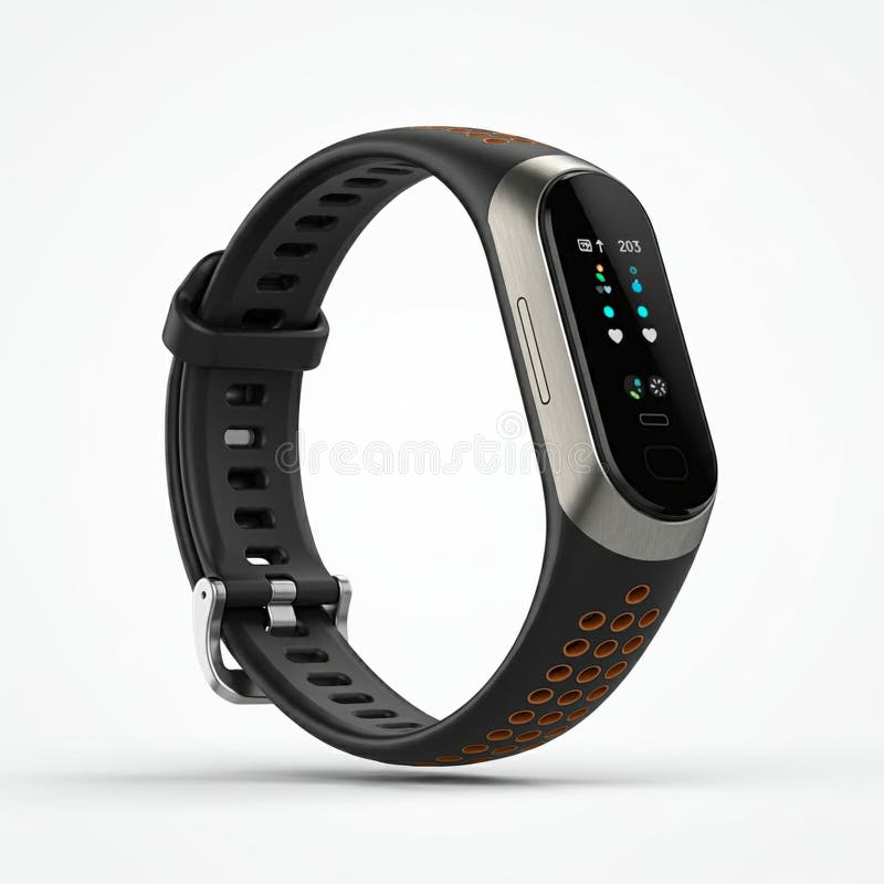 A sleek smart wristband featuring a black silicone band with orange perforations for vector illustration