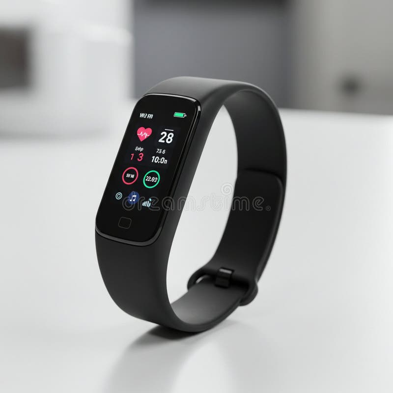 A sleek smartwatch with a black silicone strap and rectangular display showing royalty free illustration