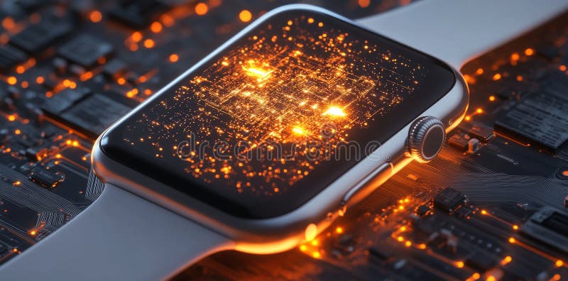 A sleek smartwatch is positioned on a circuit board with illuminated elements stock photos