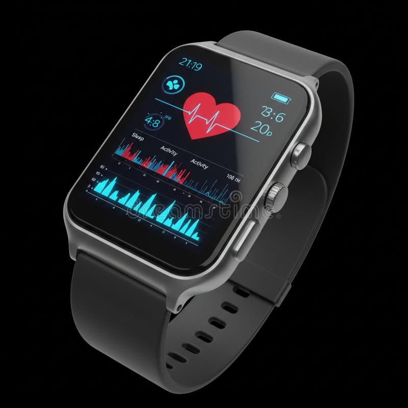 A sleek smartwatch with a rectangular touchscreen displays various health metrics. stock illustration