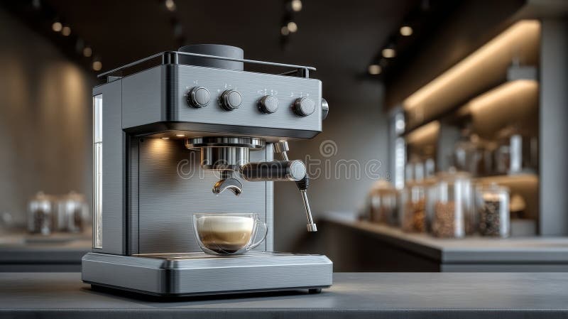 Sleek stainless steel espresso machine with cleaning brush royalty free stock image