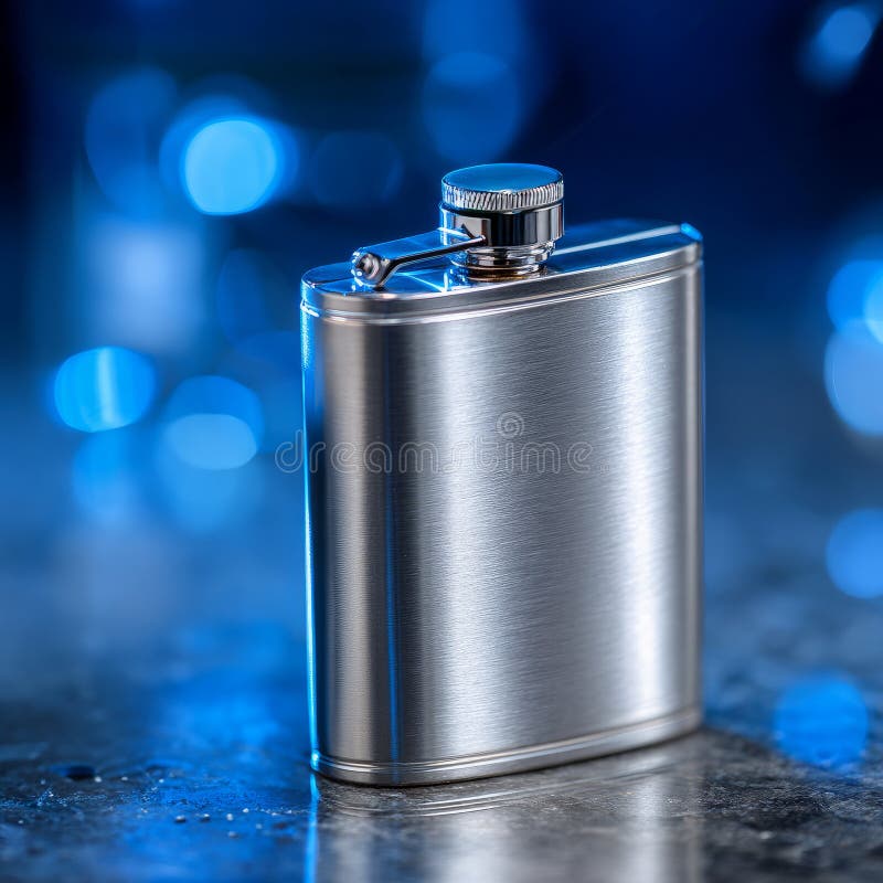 Sleek stainless steel flask with blue bokeh background. royalty free stock photo