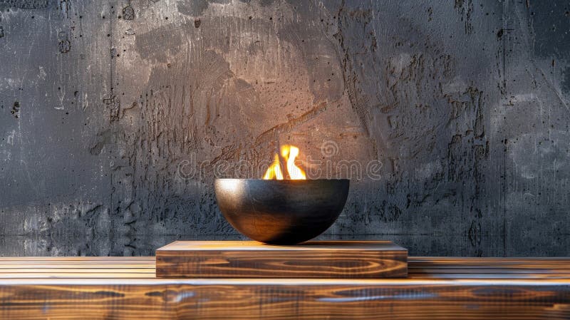 Un glob de foc elegant și elegant stă deasupra unei platforme de lemn, flăcările sale dansând pe fundalul unei texturate stock photo