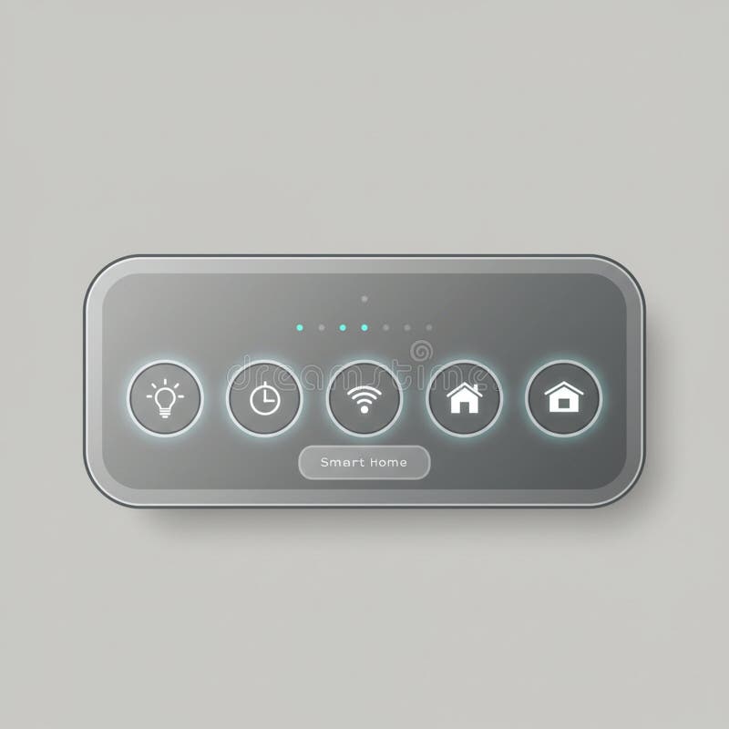 A sleek touchscreen control panel designed for smart home management. The rectangular interface features five circular icons, each backlit with blue light, depicting symbols for light control, clock timer, Wi-Fi connectivity, home security, and general home automation. The panel also displays a central "Smart Home" label. It has a minimalist design with a muted gray background, emphasizing modern technology and user-friendly functionality, suitable for integrating various smart home features into a cohesive system.