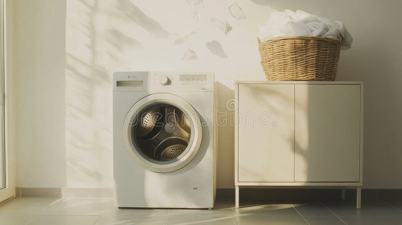 Minimalist modern laundry room with bright washing machine interior photography stock photography