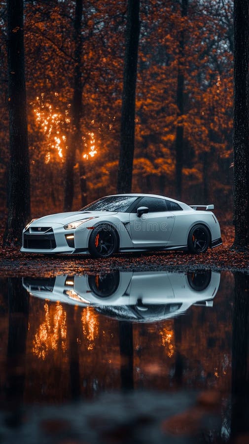 Sleek white car in an autumn forest reflection royalty free stock photos