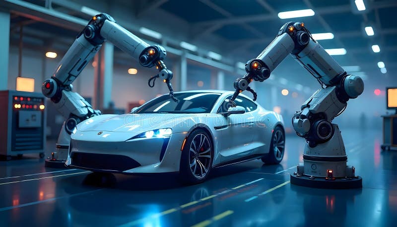 A sleek, white ev car sits in a technologically advanced factory setting stock illustration