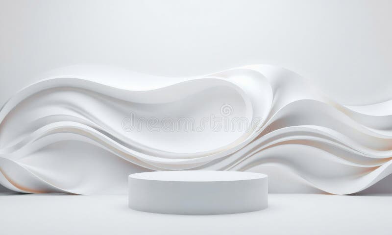 Sleek white podium set against dynamic, curved background creates modern and elegant display. flowing lines add depth and stock photo