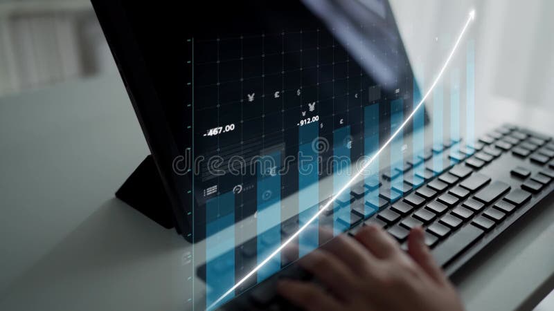 Modern Technology Workspace with Hands on Keyboard, Digital Graphs and Financial Data Visualizations on Screen in a royalty free illustration