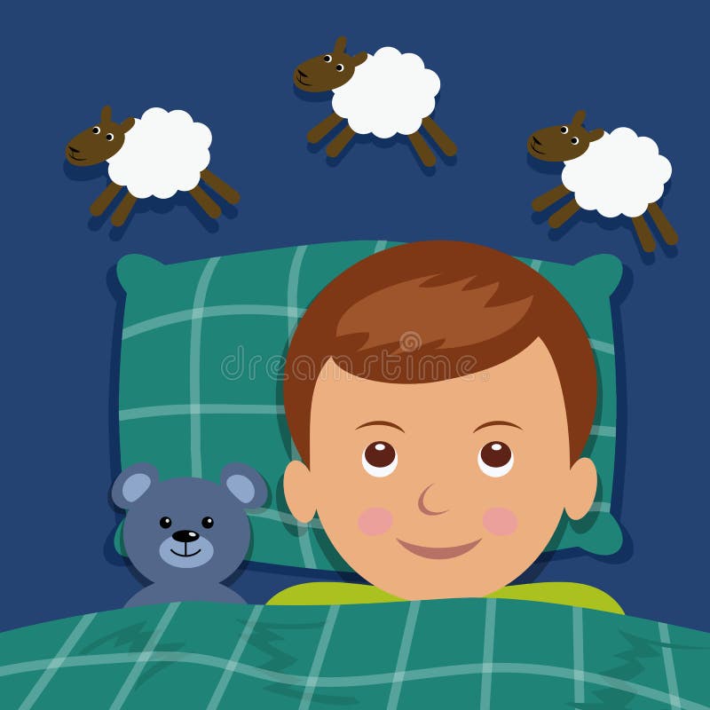 Boy counting sheep, under the blanket next to a teddy bear. Boy counting sheep, under the blanket next to a teddy bear.