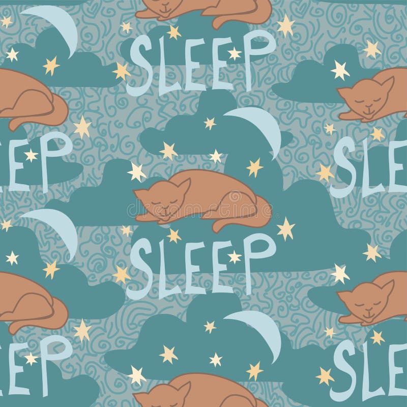 Sleep Text With Snoozing Kittens On Clouds With Moons And Stars Vector Seamless Pattern In Blue stock illustration