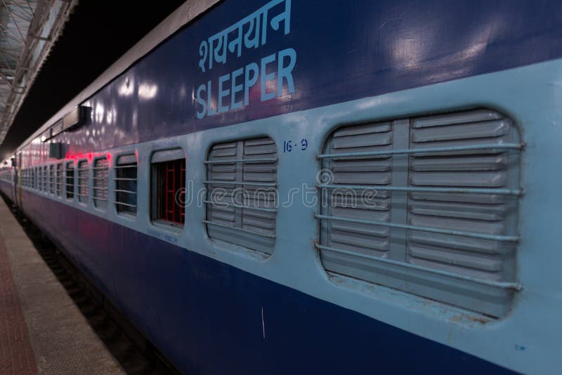Sleeper class coach,night train in India.