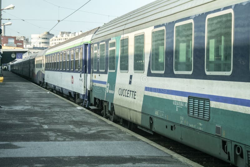 Sleeper train passenger car, called Cuccette or Couchette, on a France Italy night train from SNCF and Trenitalia