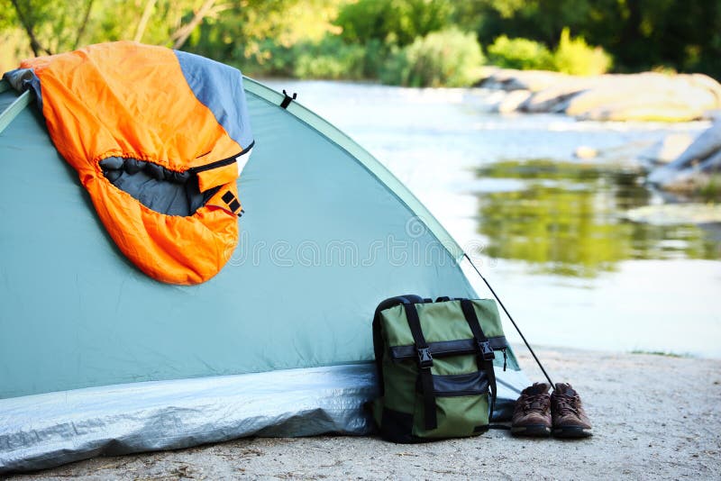 Camping Gear and Tourist Tent Stock Image - Image of green, recreation:  118639871