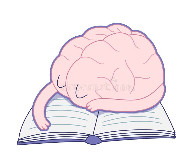 A tired brain sleeping on the book flat cartoon vector illustration. A part of the Brain collection. Brain sleeping vectors