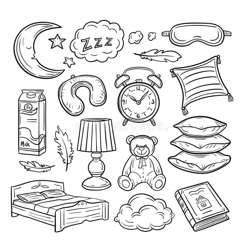 Sleeping doodle set. Sleep pillow feathers dream zzz night dreaming. Bedtime vector hand drawn collection