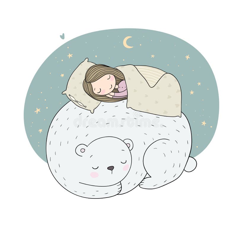 A sleeping girl and a bear. Good fairy tale. Good night. Time to sleep. Vector illustration. - Vector illustration