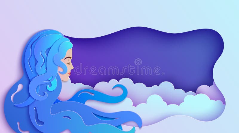 Sleeping girl in paper cut style. Young woman sleep and dreaming. Wavy papercut frame with night sky. Fairy good night