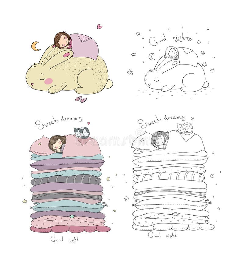 Sleeping girls set. Princess on the Pea. Time to sleep. Good night. Sweet Dreams. Linens. Pillows and blankets. Vector