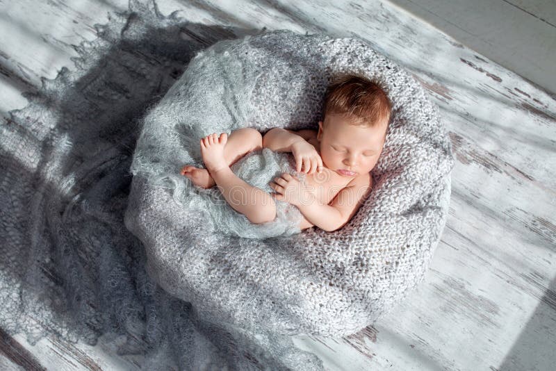 Sleeping Newborn Baby Boy Swaddled In A Nest Stock Image Image Of