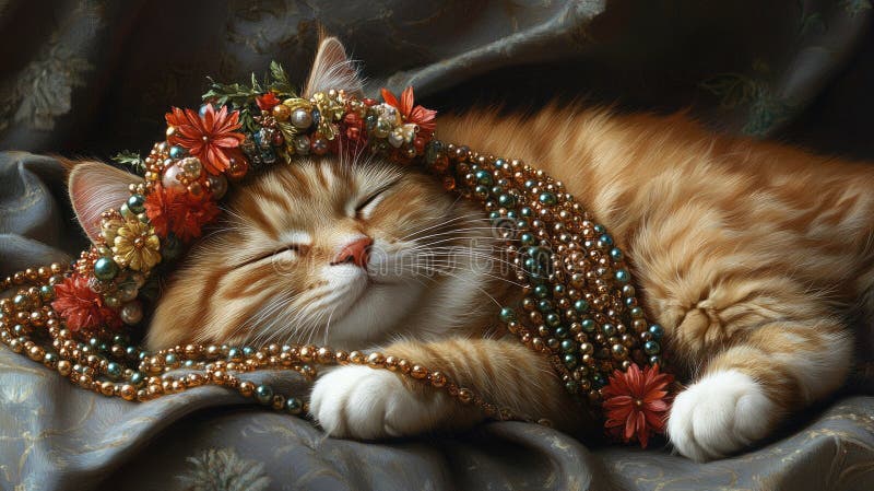 Sleeping orange cat with floral bead garland on elegant fabric royalty free stock photography