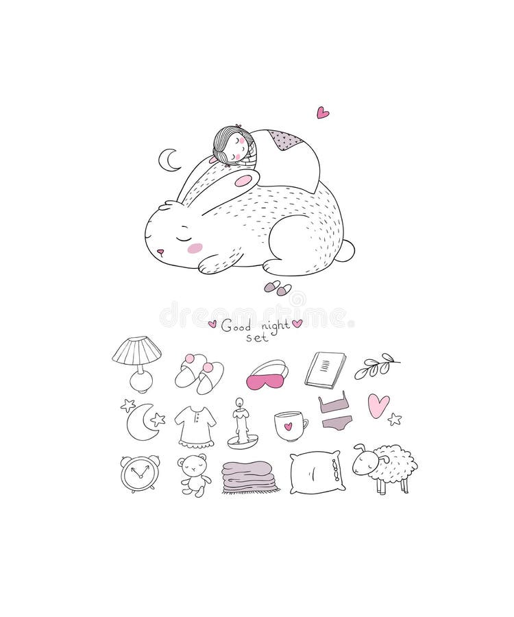 Sleeping set. cartoon girl and a rabbit. Sweet Dreams. Good night. Time to sleep. Cute animals.