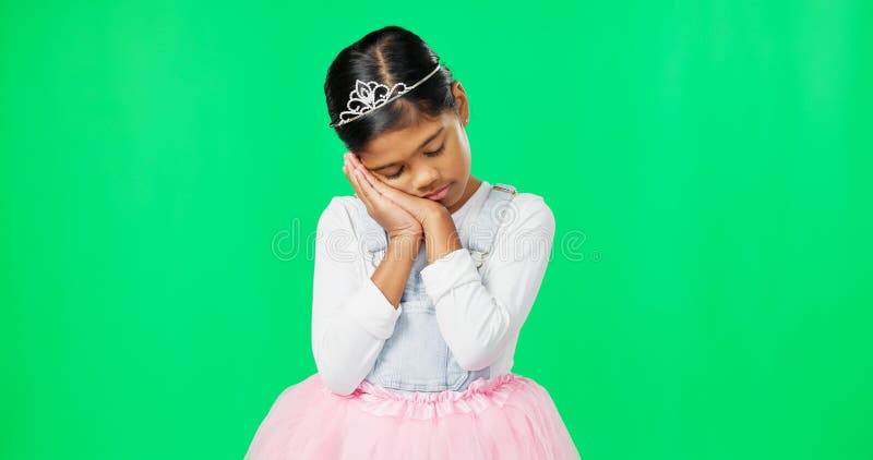 Sleeping Tired Gesture And Child On Green Screen With Crown Princess