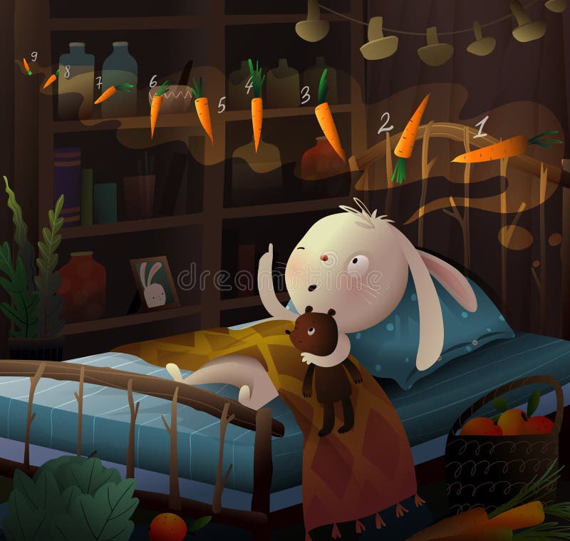 Iepuraș somnoros și ursuleți de pluș numără numerele în pat royalty free illustration