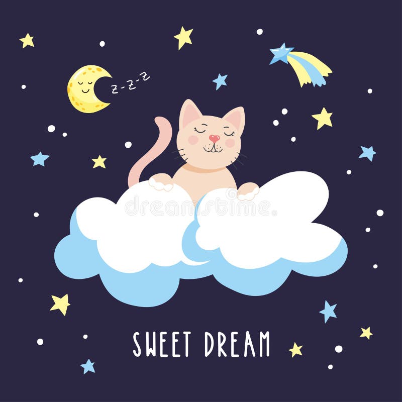 Sleepy Cartoon Kitten in the Clouds in the Night Starry Sky. Stock ...