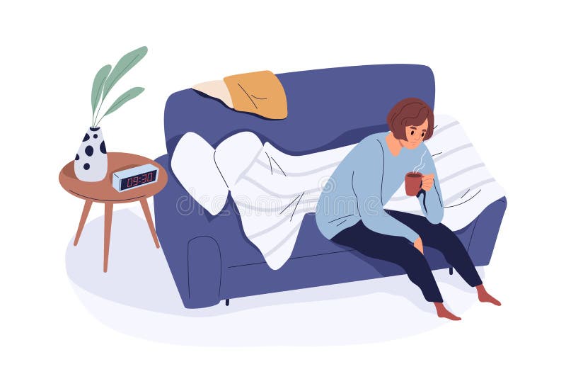 Sleepy Tired Person on Sofa, Waking Up with Cup of Coffee in Early Morning.  Drowsy Sad Woman Sitting on Couch with Tea Stock Vector - Illustration of  human, cartoon: 230891598