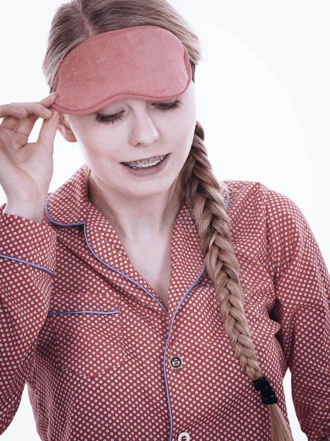 Sleepy Woman Wearing Pink Eye Band Stock Photo - Image of wake, blind ...