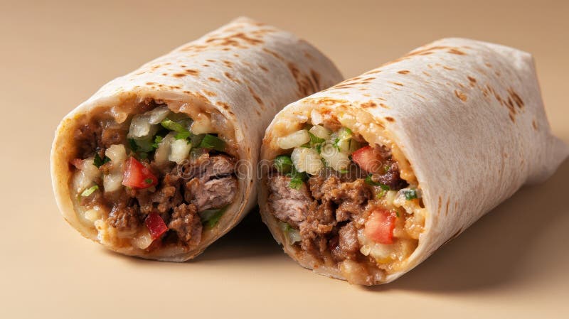 Slempartad burrito som skurits i halvduschning av färska ingredienser och smakfull fyllning vektor illustrationer